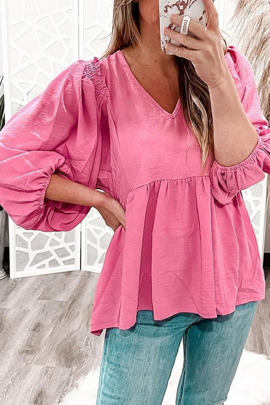 Pink Frilled V Neck Puff Sleeve Babydoll Blouse - L & M Kee, LLC