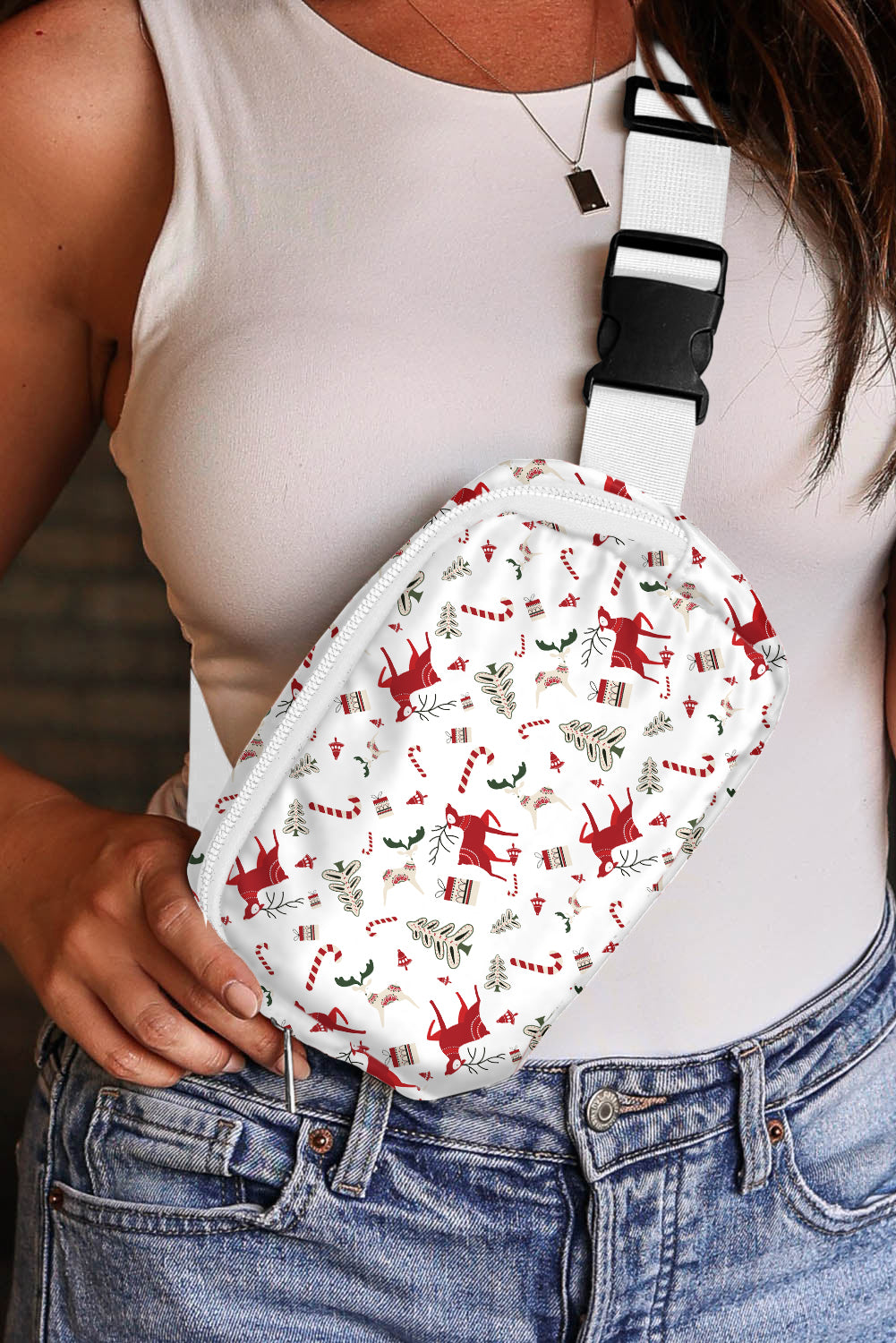 White Christmas Pattern Print Buckle Wide Strap Crossbody Bag