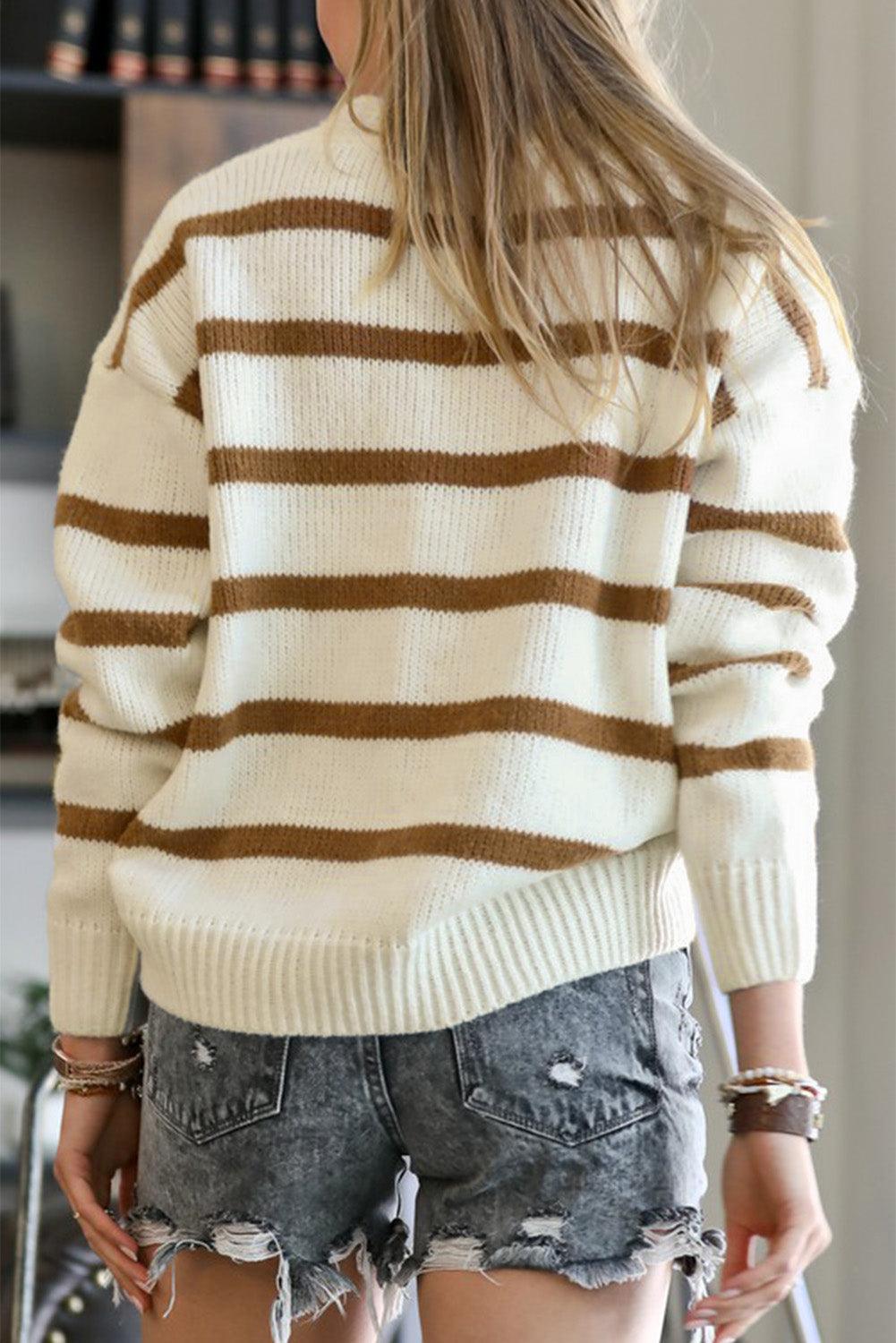 White Striped Knit V Neck Sweater Cardigan - L & M Kee, LLC