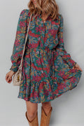 Green Floral Friled V Neck Puff Sleeve Ruffled Shirt Dress