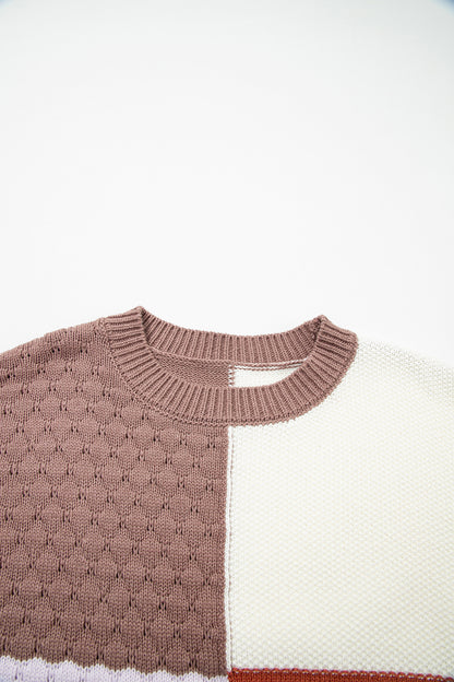 Coffee Mix Texture Colorblock Knit Baggy Sweater