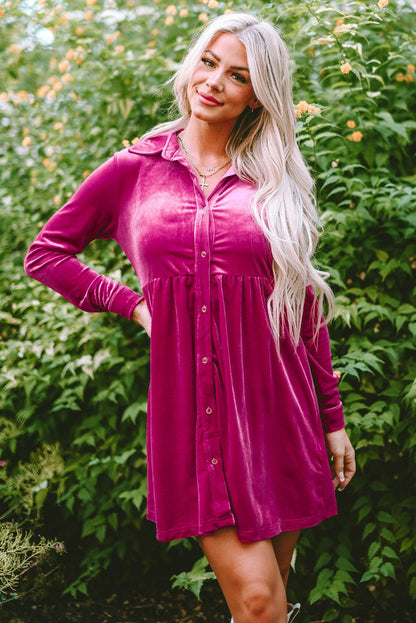 Rose Long Sleeve Ruffle Velvet Button Up Dress - L & M Kee, LLC