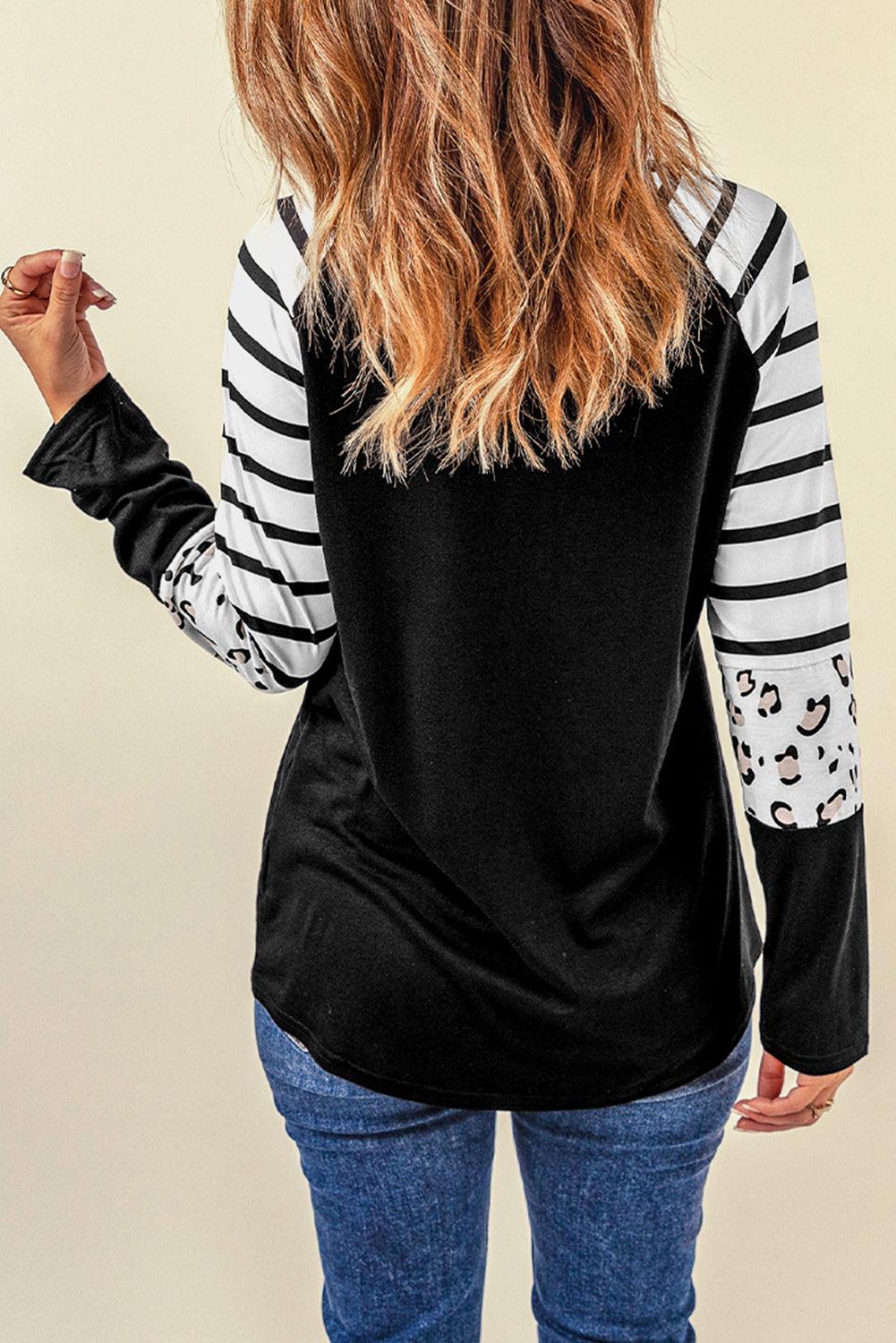 Black Striped Animal Print Colorblock Long Sleeve Top - L & M Kee, LLC