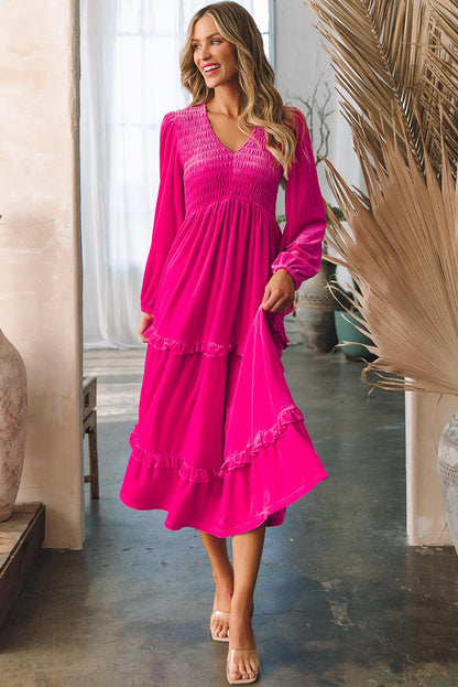 Rose Red Shirred V Neck Long Sleeve Velvet Dress - L & M Kee, LLC