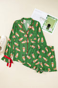 Green Christmas Candy Contrast Trim Bow Knot Silky 2pcs Pajama Set