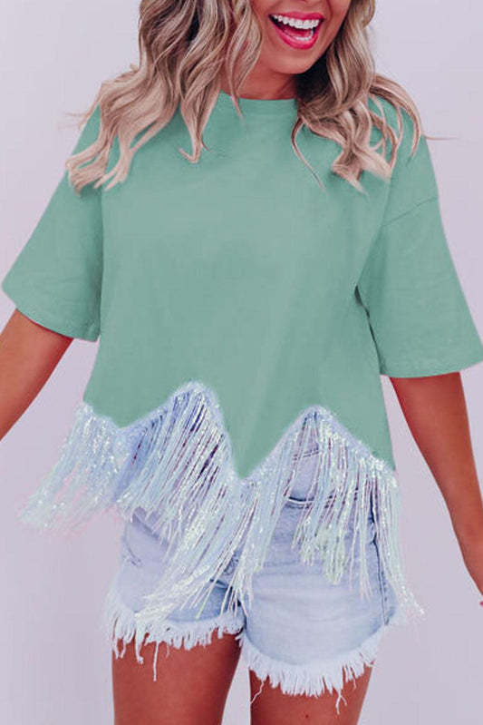 Moonlight Jade Fringed Sequin Crop T-shirt - L & M Kee, LLC