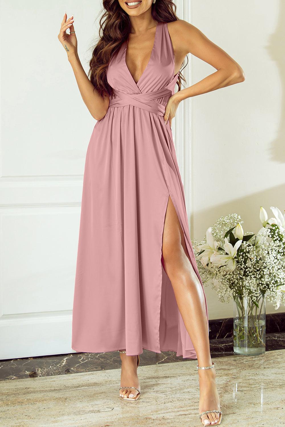 Rose Tan Tie Open Back Satin Slit Long Dress - L & M Kee, LLC