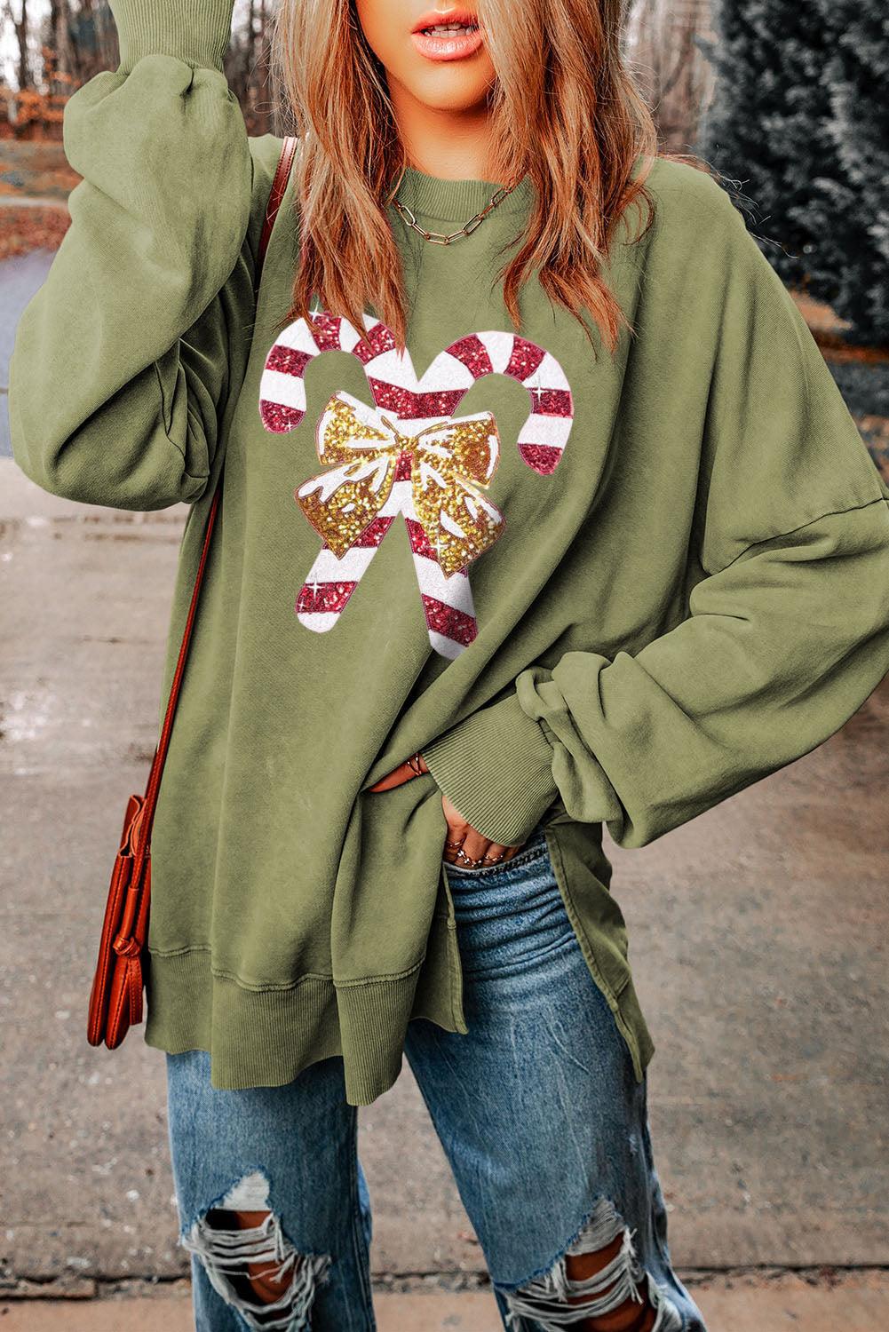 Green Christmas Cane Bow Knot Sequin Print Pullover Sweatshirt - L & M Kee, LLC