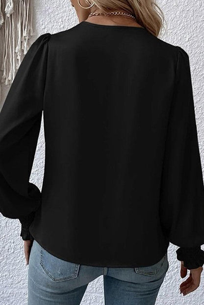 Black Solid Surplice Neck Shirred Cuffs Draped Blouse - L & M Kee, LLC