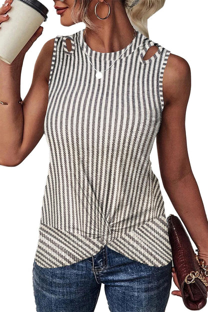 Gray Striped Cutout Twist Front Tank Top - L & M Kee, LLC