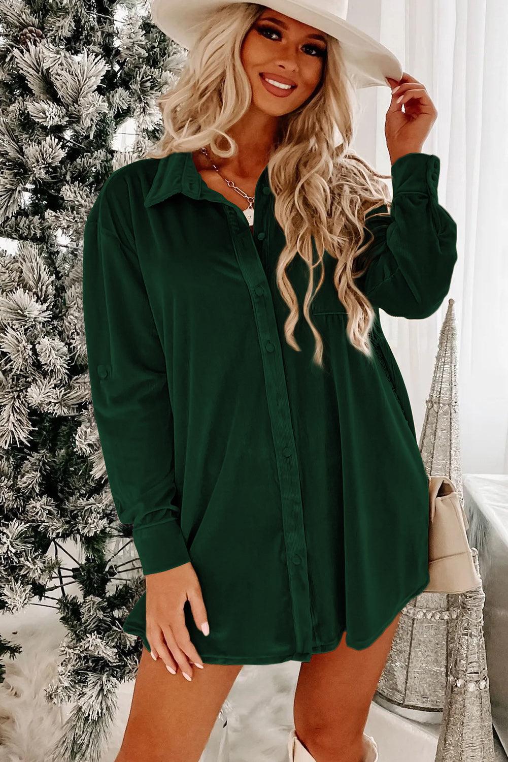 Flaxen Velvet Button Front Shirt Mini Dress - L & M Kee, LLC