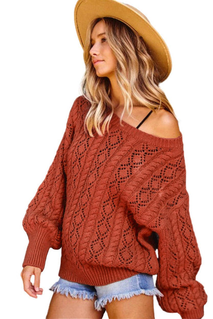 Orange Exquisite Knitted Drop Shoulder Puff Sleeve Sweater - L & M Kee, LLC