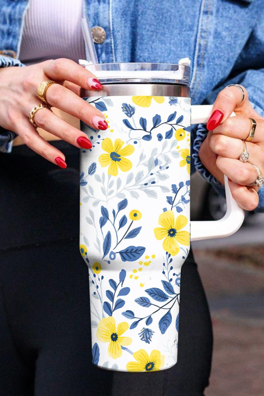 White Flower Print Stainless Handled Large Tumbler 40oz - L & M Kee, LLC