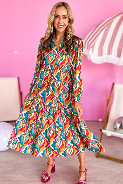 Multicolor Abstract Geometric Print Long Sleeve High Waist Dress - L & M Kee, LLC