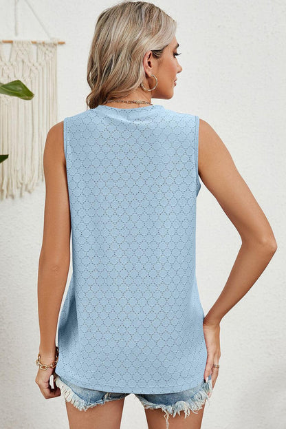 Myosotis Solid Color Eyelet Pattern Round Neck Tank Top - L & M Kee, LLC