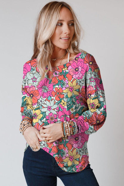 Multicolor Twisted Hollow-out Back Floral Long Sleeve Top - L & M Kee, LLC