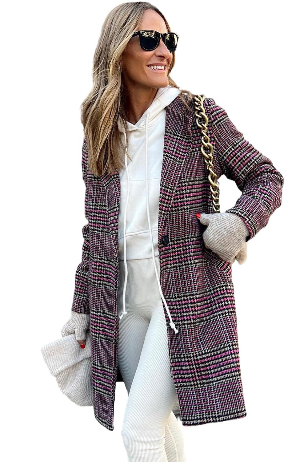 Pink Plaid Lapel Collar One Button Midi Coat - L & M Kee, LLC