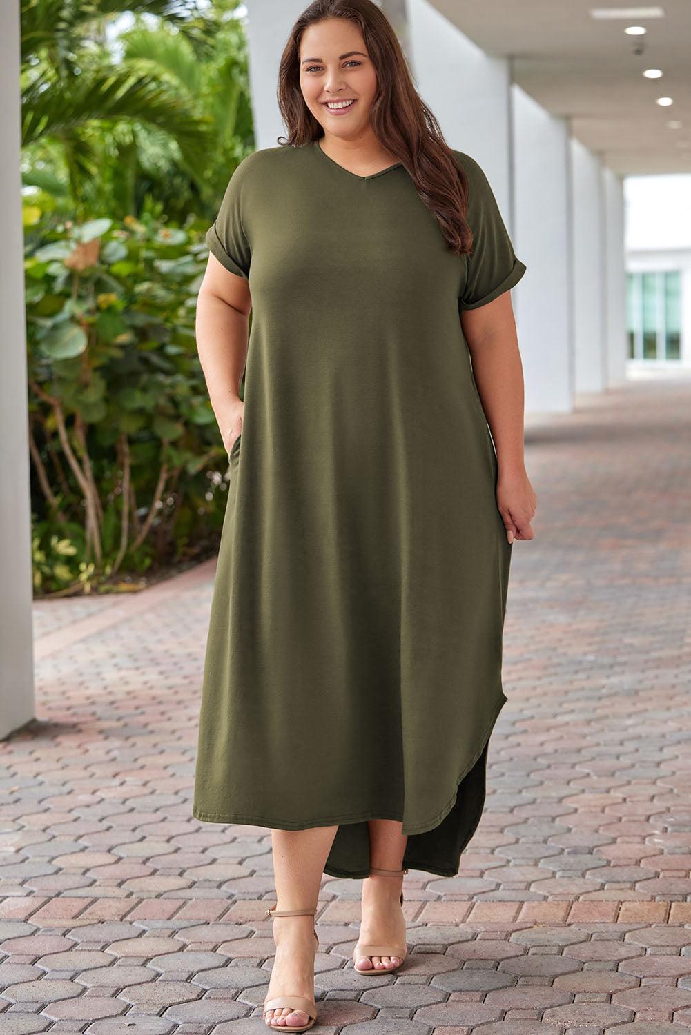 Plus Size V Neck Rolled Cuffs Maxi Dress - L & M Kee, LLC