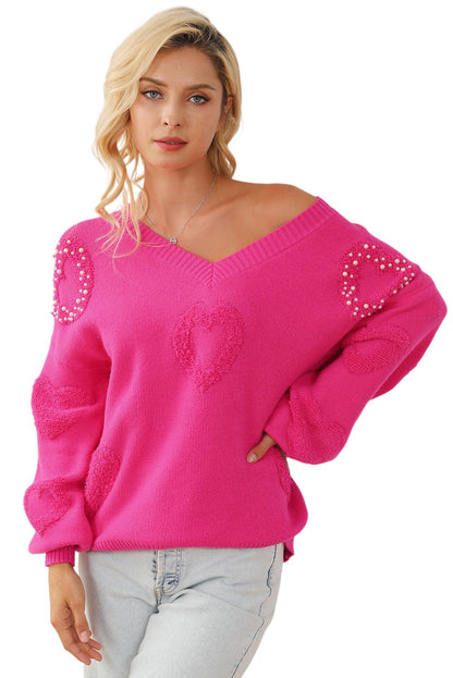 Rose Red Pearl Embellished Fuzzy Hearts V Neck Sweater - L & M Kee, LLC