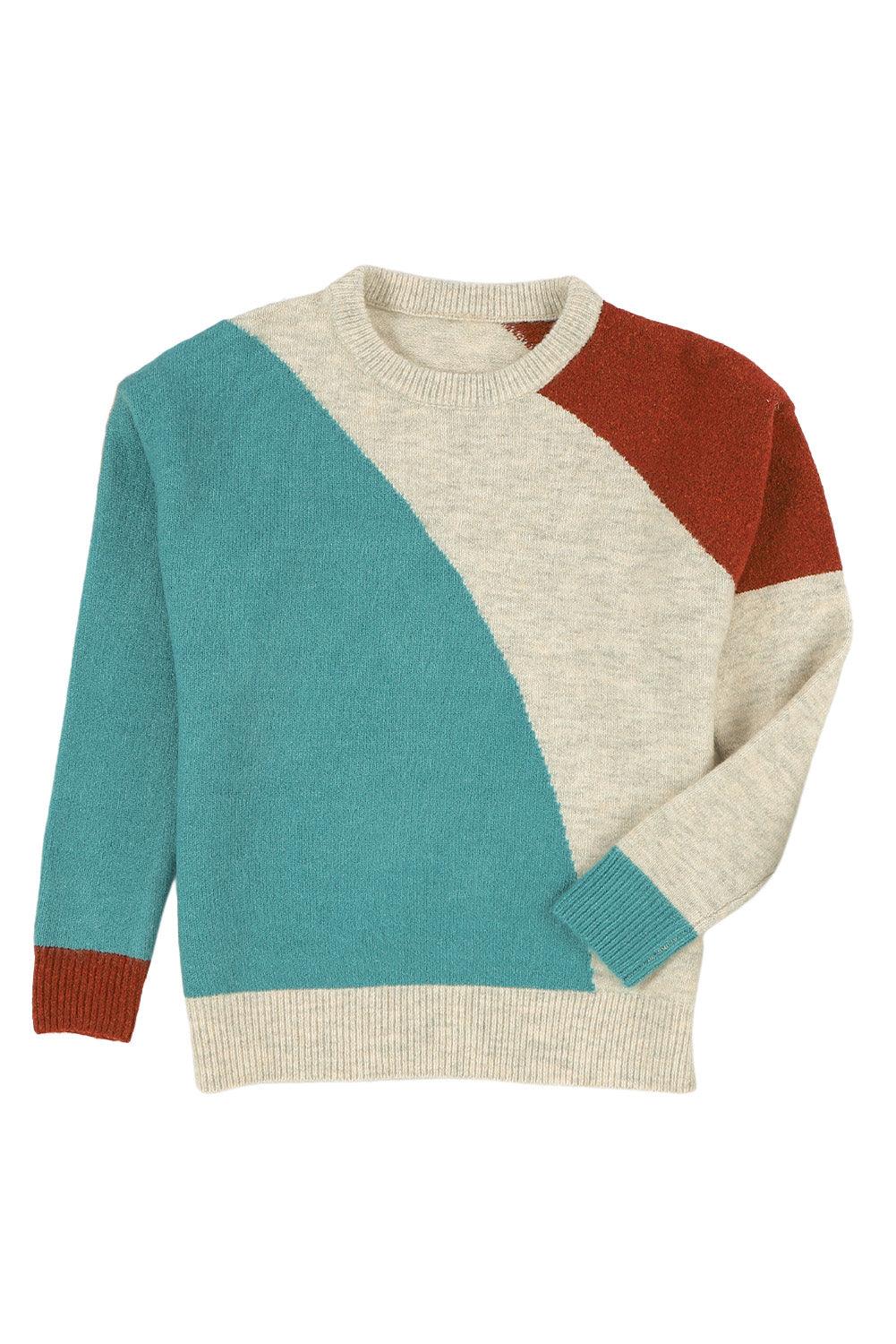 Multicolor Colorblock Ribbed Trim Round Neck Sweater - L & M Kee, LLC