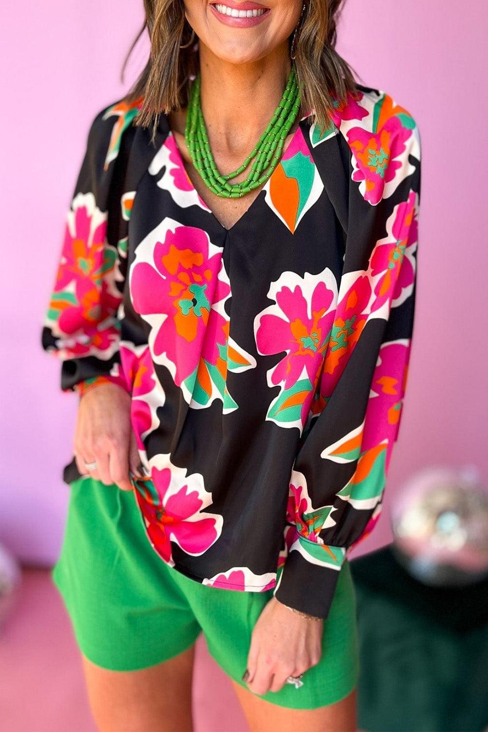 Black Flower Print Puff Sleeve Blouse - L & M Kee, LLC