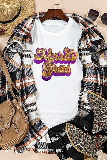 White Mardi Gras Sequin Graphic T-shirt - L & M Kee, LLC