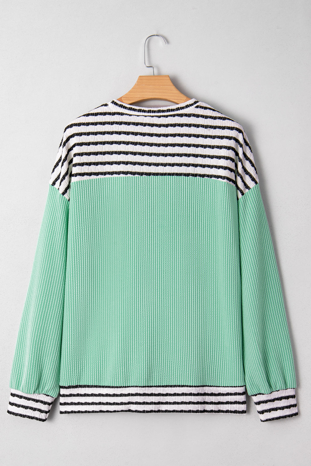 Sea Green Twisted Ribbed Contrast Round Neck Striped Patchwork Long Sleeve Top