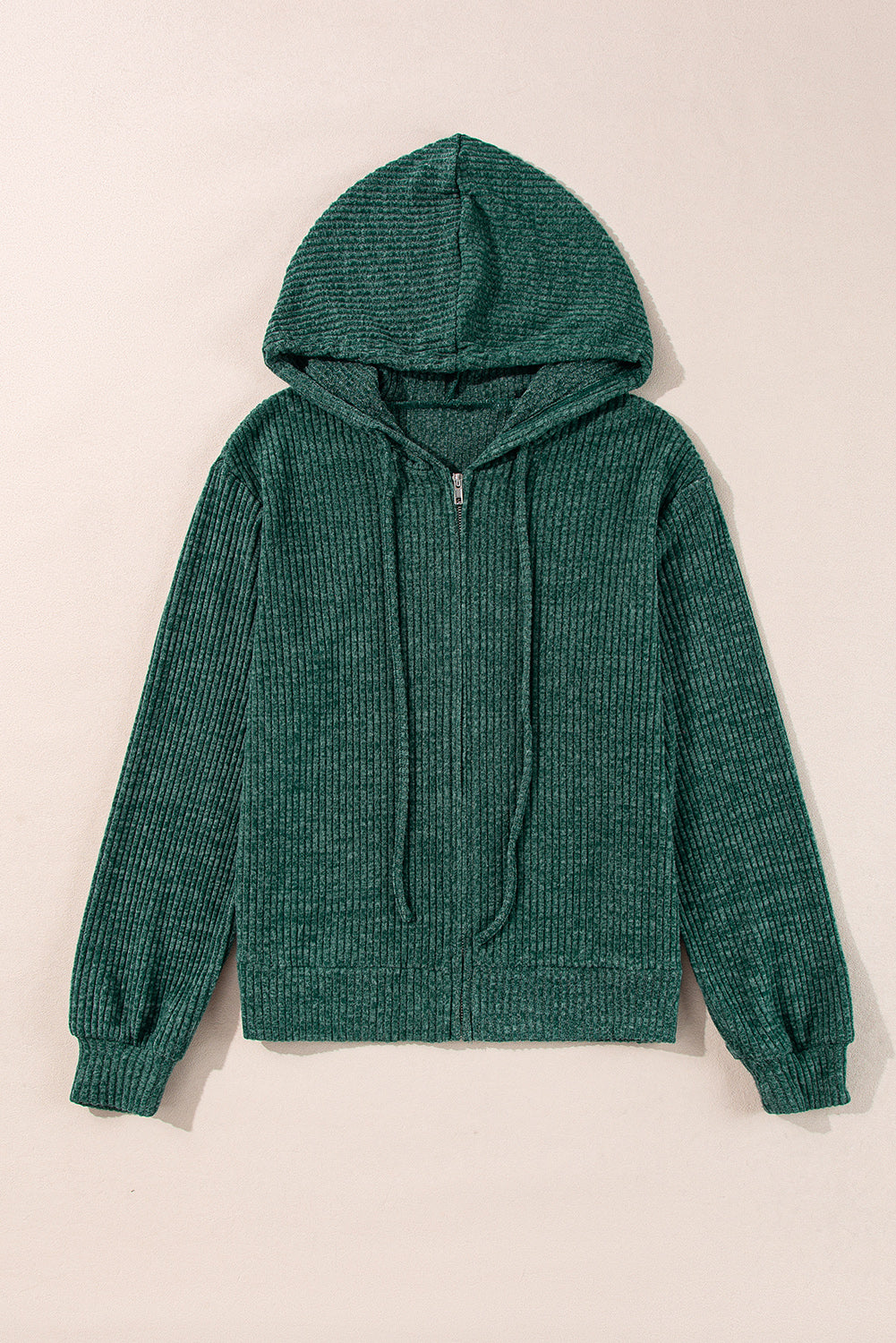 Evergreen Ribbed Zip Up Front Drawstring Hoodie