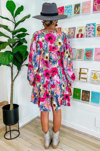 Multicolour Floral Tie Neck Bubble Sleeve Shift Dress - L & M Kee, LLC