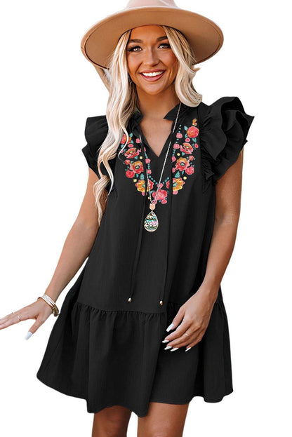 Floral Embroidered Ruffled Puff Sleeve Blouse - L & M Kee, LLC