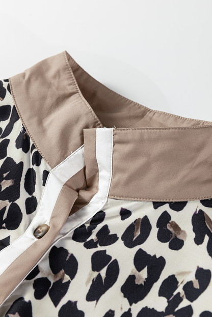 Multicolour Leopard Print Contrast Patchwork Cuffs Button Collared Top