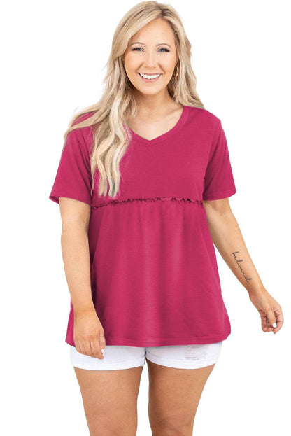 Rose Red Solid Short Sleeve Flowy Plus Size Top - L & M Kee, LLC