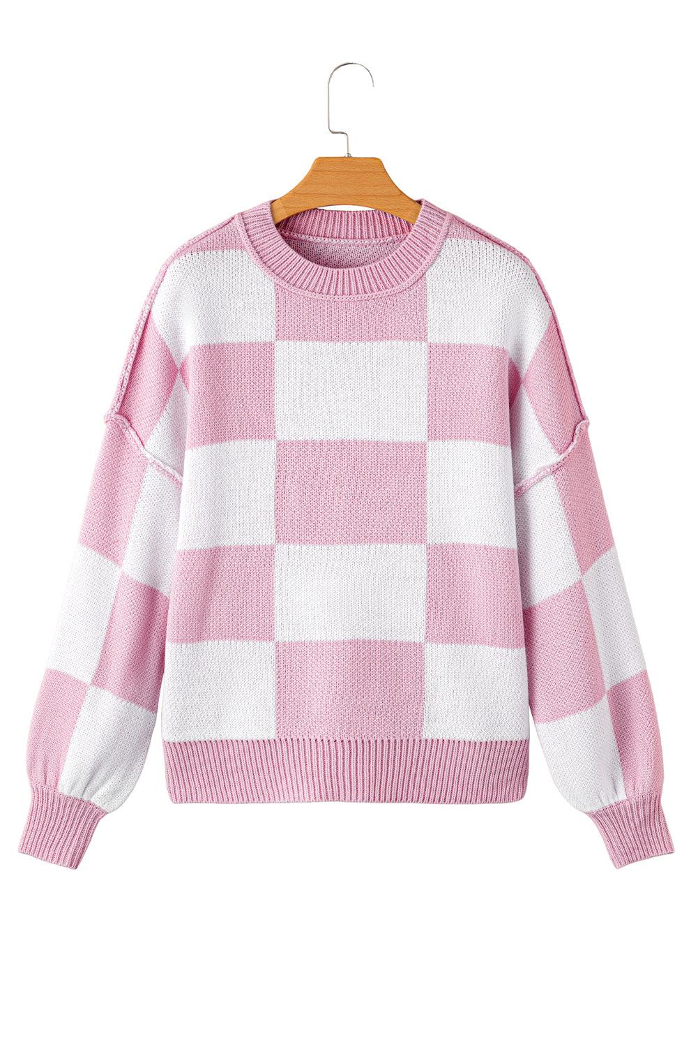 Pink Checkered Bishop Sleeve Sweater - L & M Kee, LLC