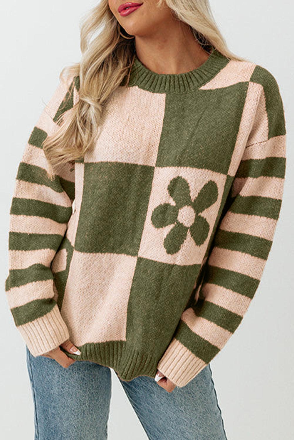 Brown Checkered Floral Print Striped Sleeve Sweater - L & M Kee, LLC