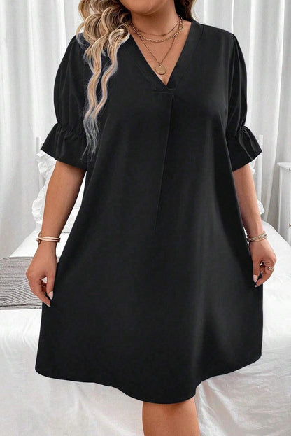 Black Solid Ruffled Puff Sleeve V Neck Plus Size Mini Dress - L & M Kee, LLC