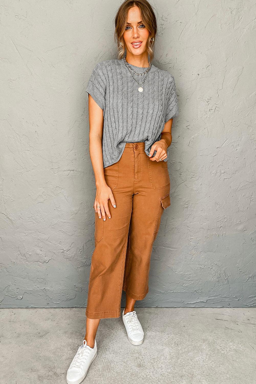 Chestnut Crew Neck Cable Knit Short Sleeve Sweater - L & M Kee, LLC