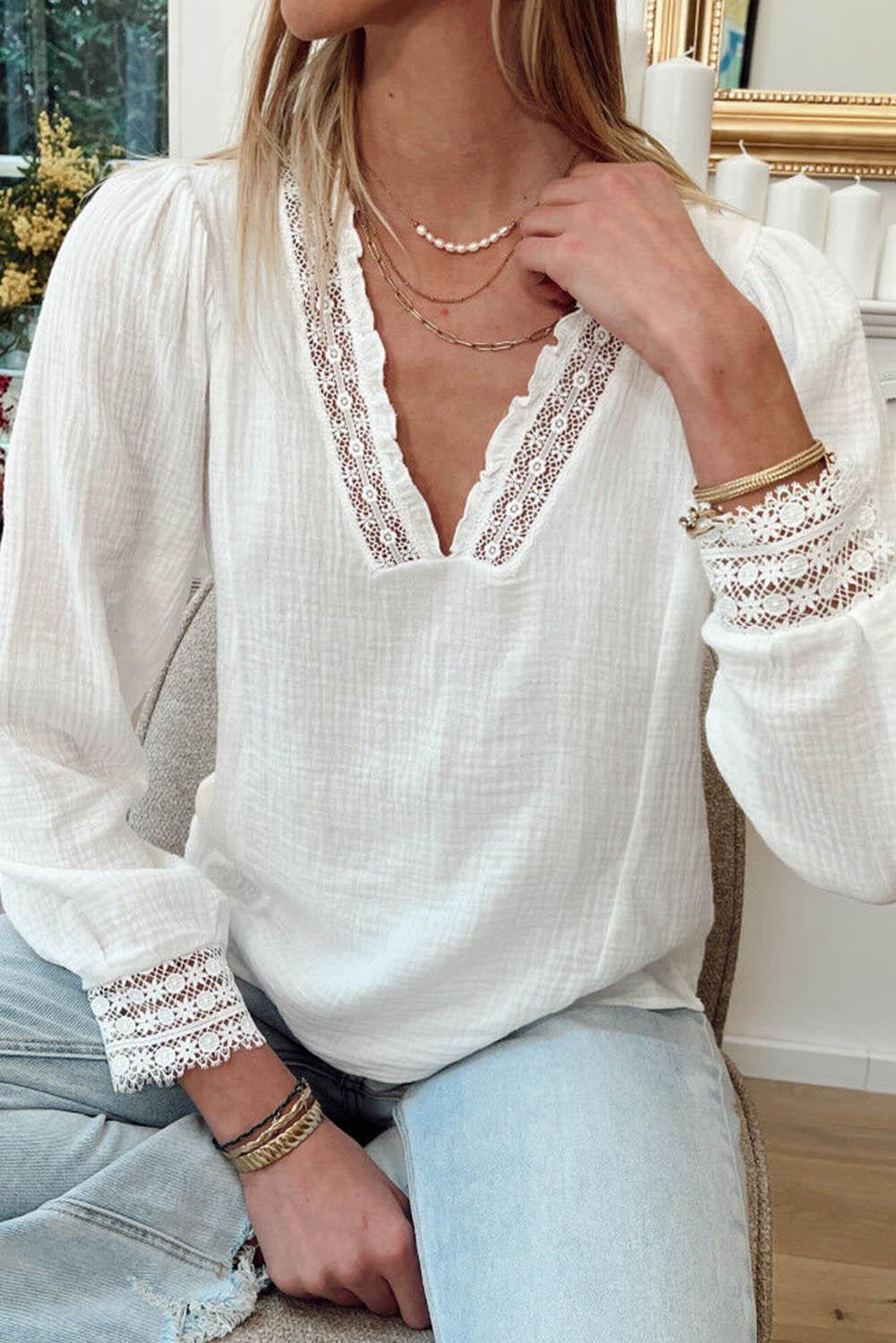 White Lace Patchwork Textured Blouse - L & M Kee, LLC