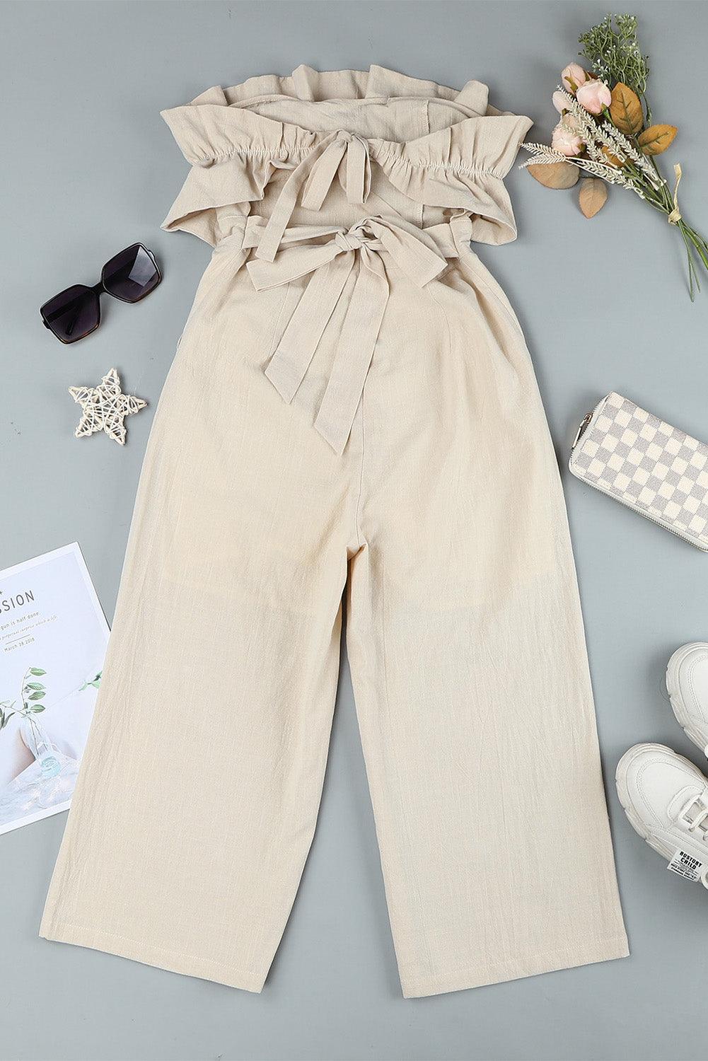 Beige Ruffled Strapless Wide Leg Jumpsuit - L & M Kee, LLC