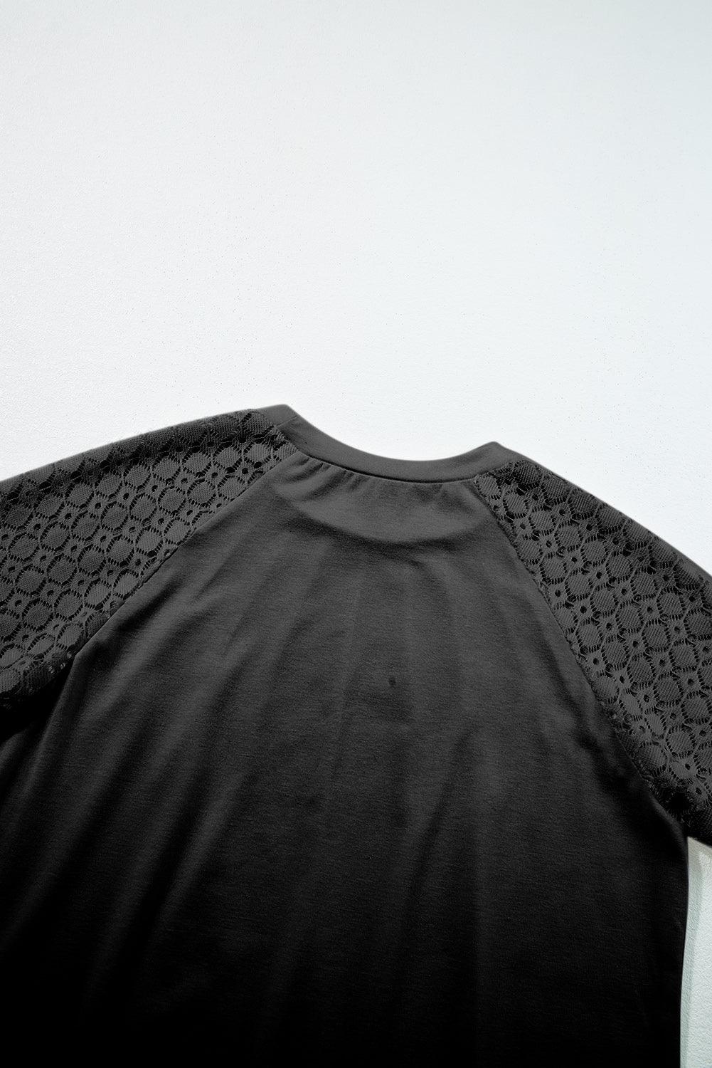 Black Seamed Detail Contrast Lace Raglan Sleeve Tee - L & M Kee, LLC