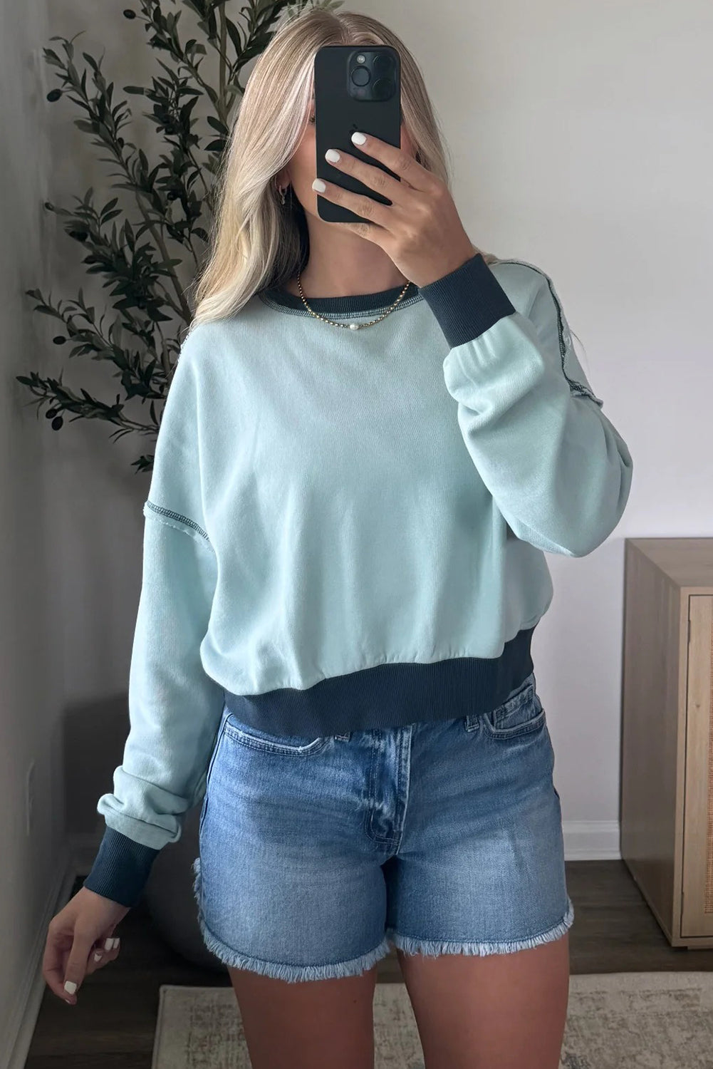 Iceland Blue Contrast Edge Colorblock Patchwork Crop Sweatshirt