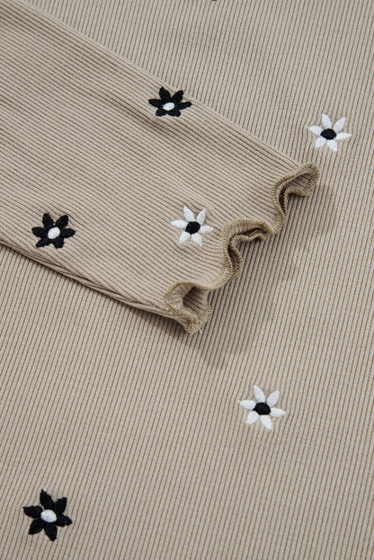Jet Stream Floral Embroidered Detail Ribbed Long Sleeve Top