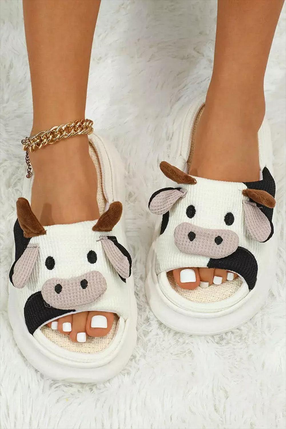 Bright White Cute Cow Pattern Open Toe Slippers - L & M Kee, LLC