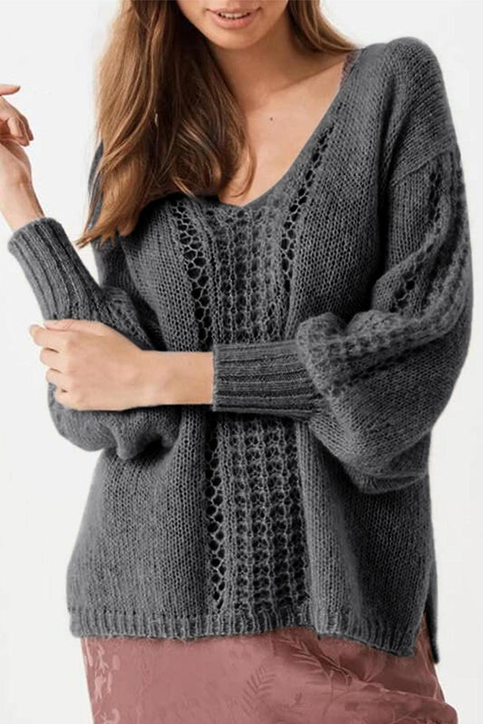 Gray Crochet V Neck Slits Loose Fit Sweater - L & M Kee, LLC