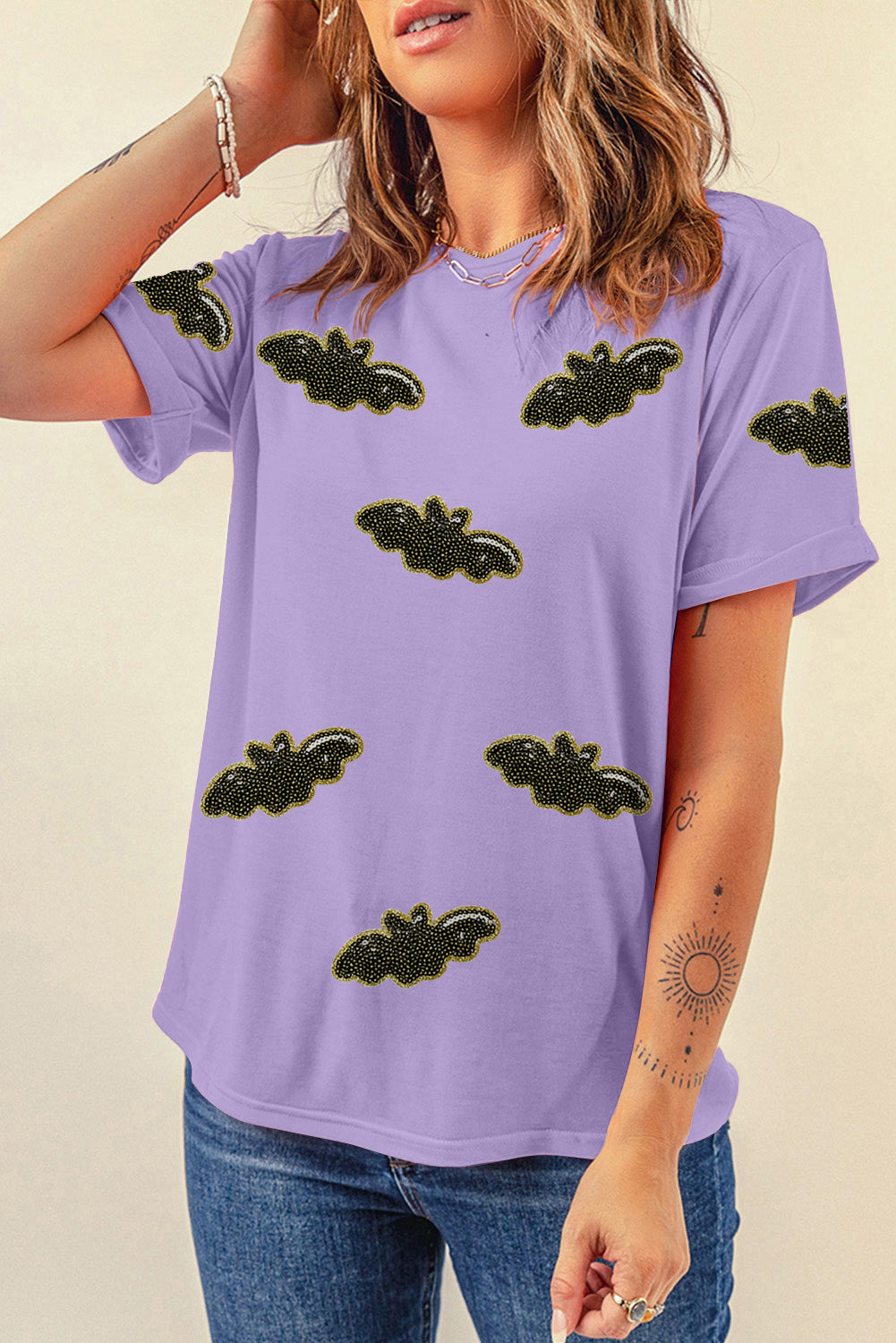Wisteria Sequin Halloween Bat Patched Casual T Shirt