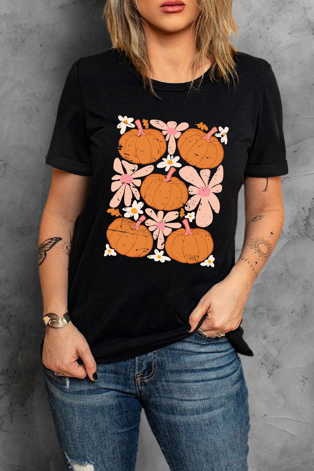 Black Pumpkin Flower Square Graphic Tee - L & M Kee, LLC