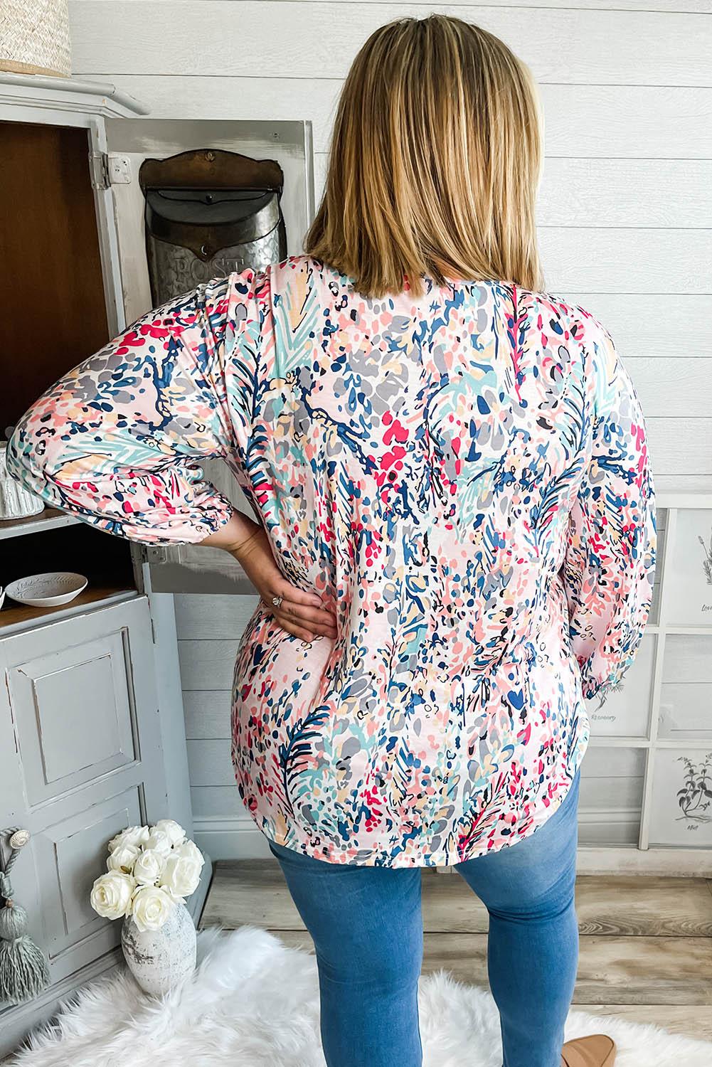 Multicolor Plus Size Floral Print Round Neck Long Sleeve Blouse - L & M Kee, LLC