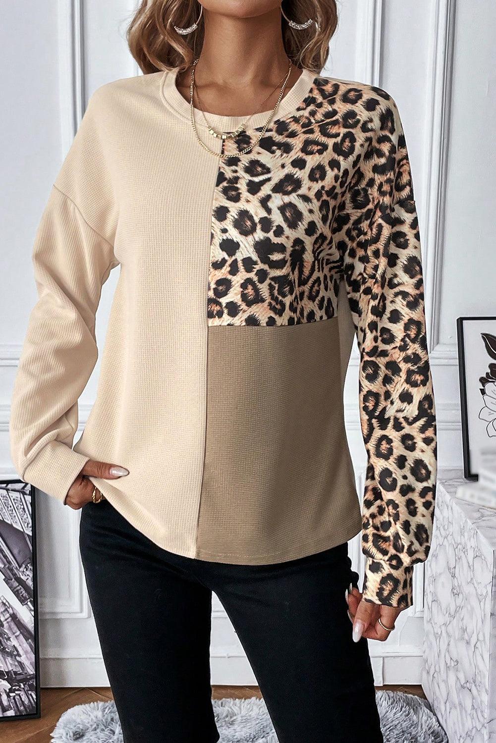 Pale Khaki Leopard Colorblock Waffle Knit Top - L & M Kee, LLC