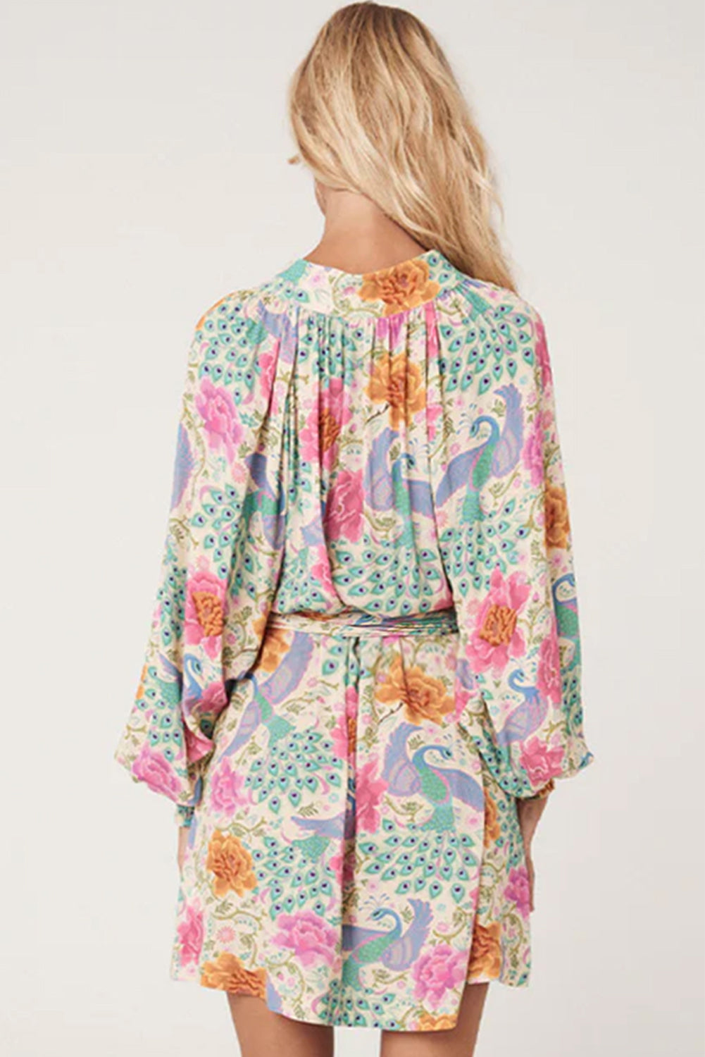 Multicolour Floral Print Bubble Sleeve Buttoned V Neck Mini Dress