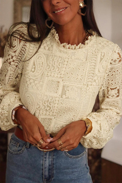 Beige Frilled Collar Paisley Mixed Lace Blouse - L & M Kee, LLC