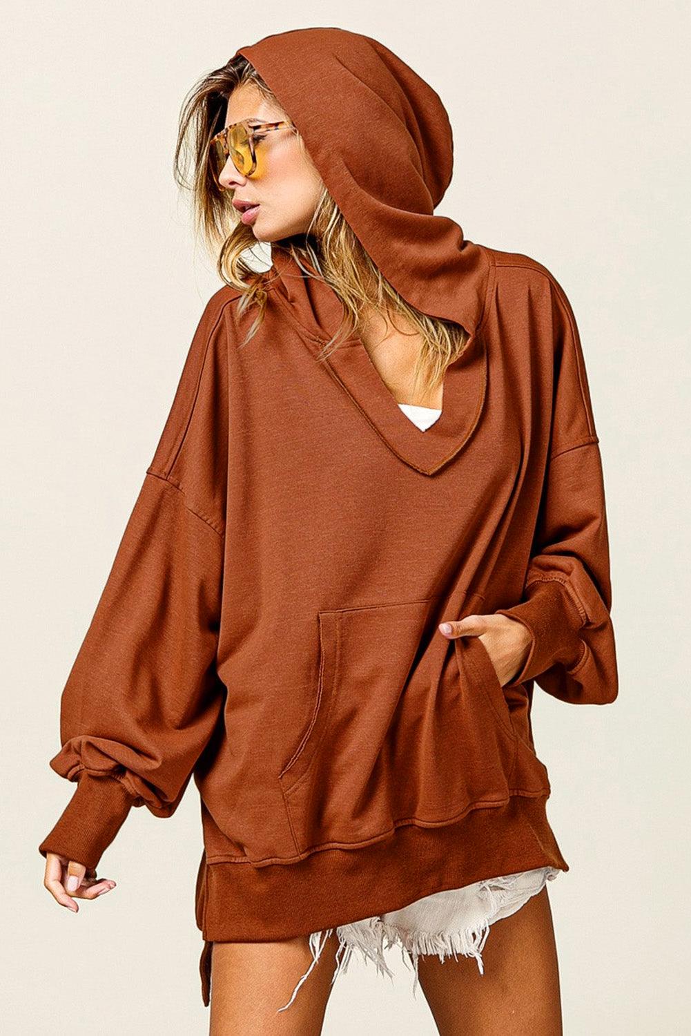 Chestnut V Neck Kangaroo Pocket Oversized Hoodie - L & M Kee, LLC